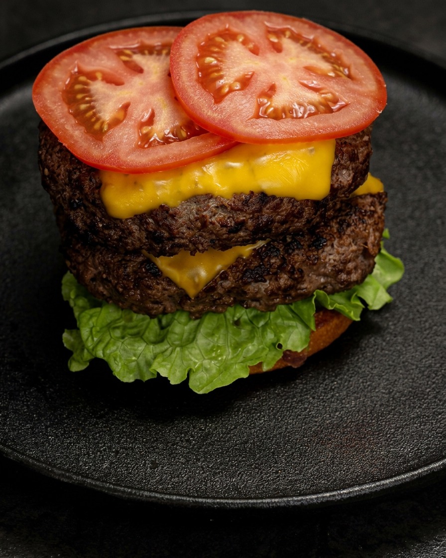 The final assembly of the burger stack, showing two beef patties with melted cheese, lettuce, and sliced tomatoes.