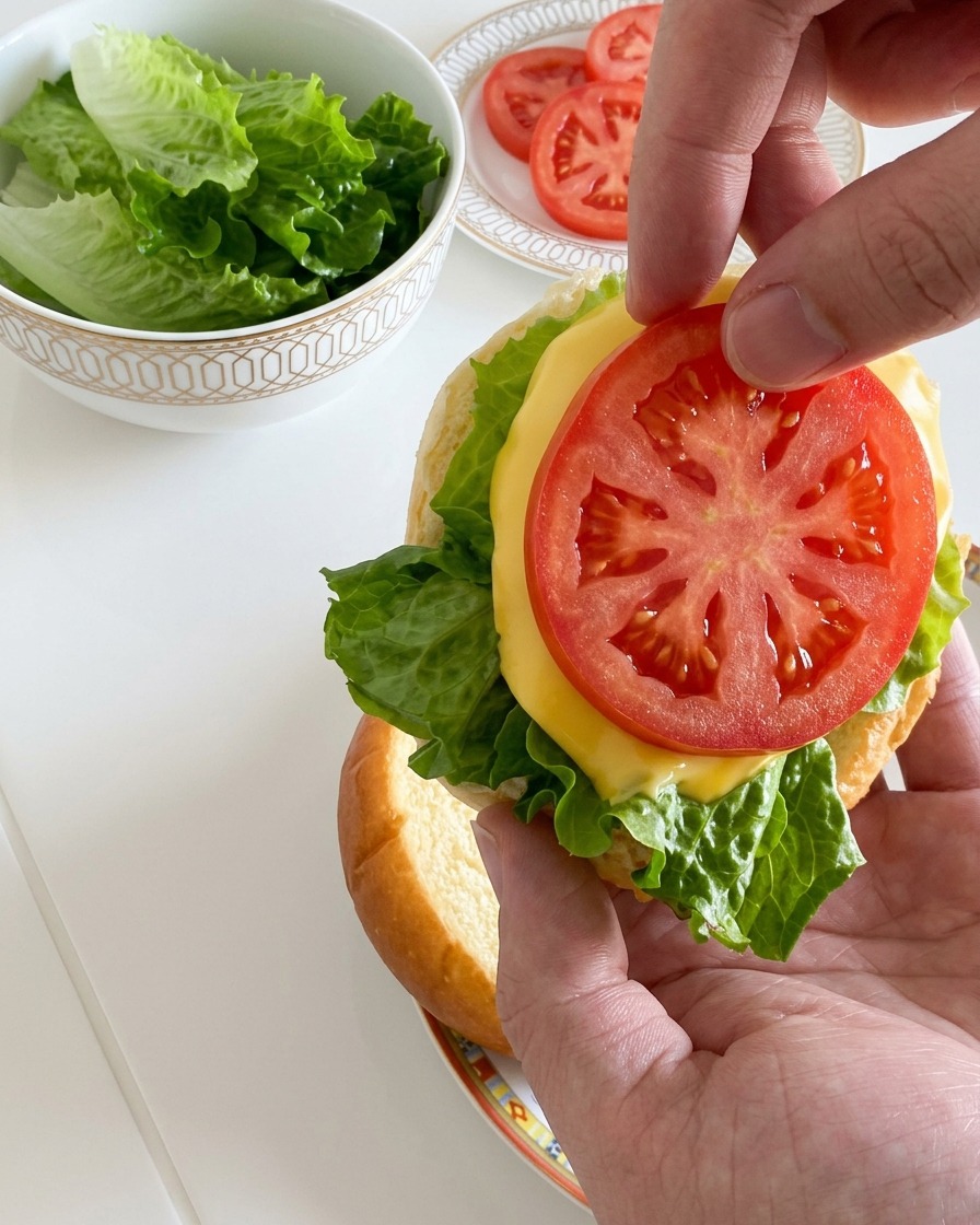 A hand placing a bright red tomato slice onto the melted cheese layer of the burger.