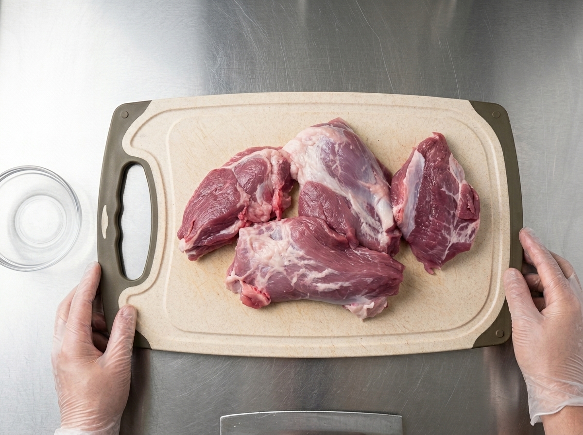 Hands using a chefs knife to cut a large piece of raw pork into small chunks on a light-colored cutting board.