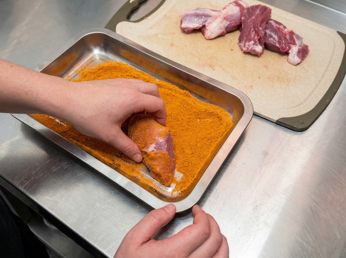 A hand pressing a chunk of raw pork into a metal tray filled with bright orange Cajun seasoning to coat it.