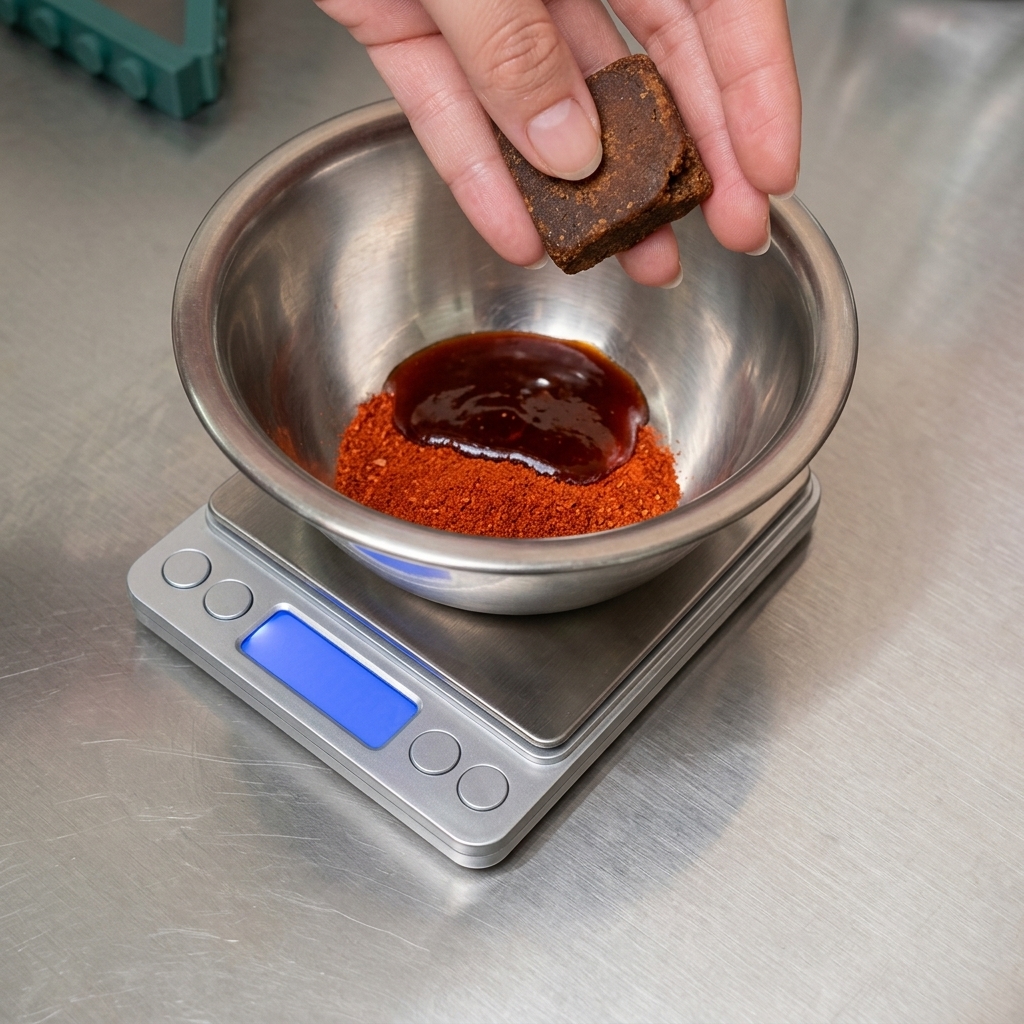 A metal bowl on a digital scale containing a mound of red chili powder, a pool of dark sauce, and brown sugar cubes being added.