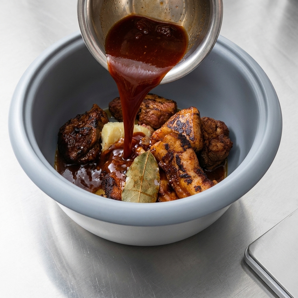 Dark mixed sauce being poured from a small metal bowl over browned pork chunks and aromatics inside a rice cooker pot.