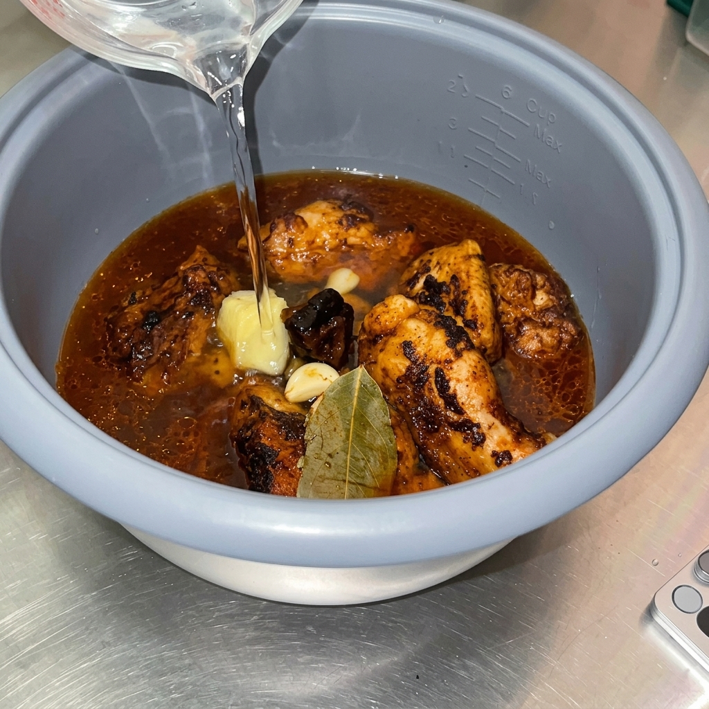 Clear water being poured from a measuring cup into a rice cooker pot filled with browned pork, aromatics, and a dark braising sauce.