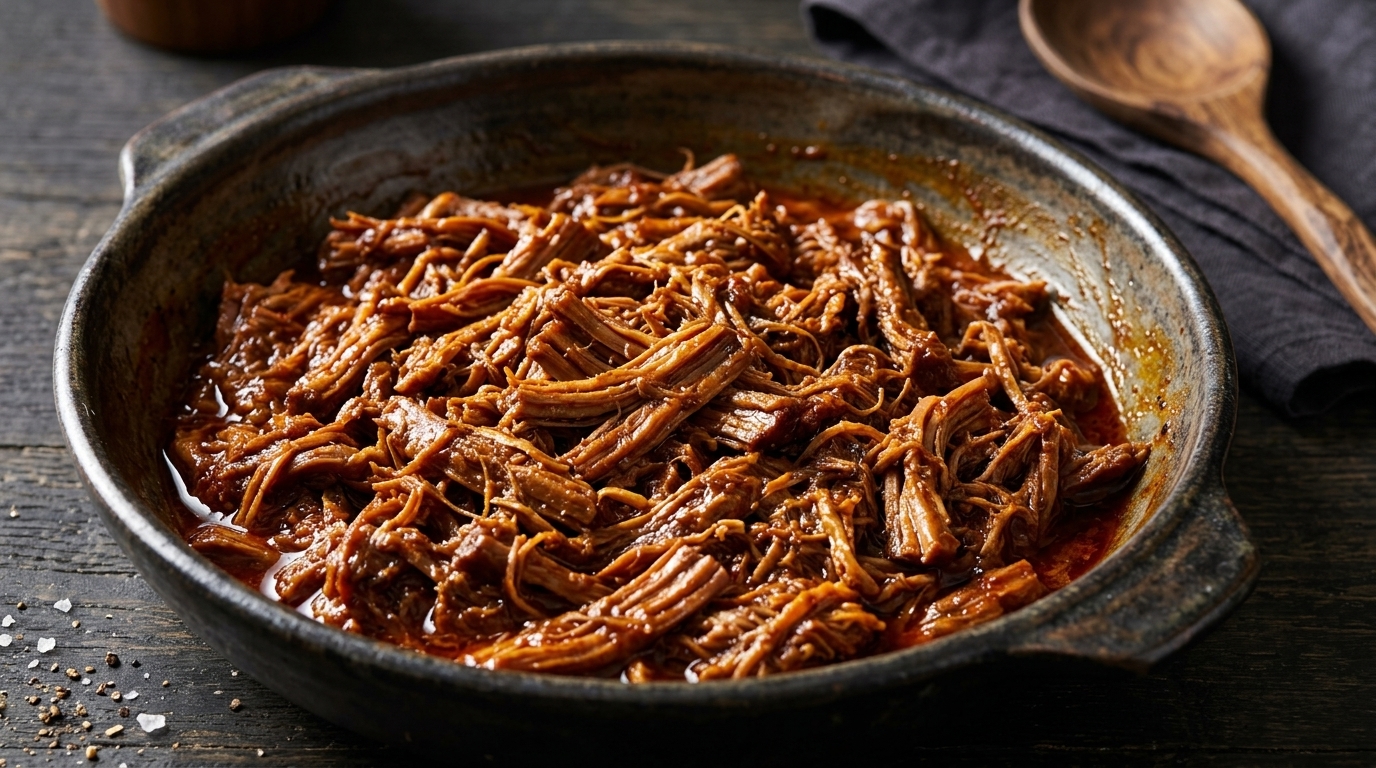 Rich, tender shredded pulled pork glistening in a savory, spiced red-brown sauce.