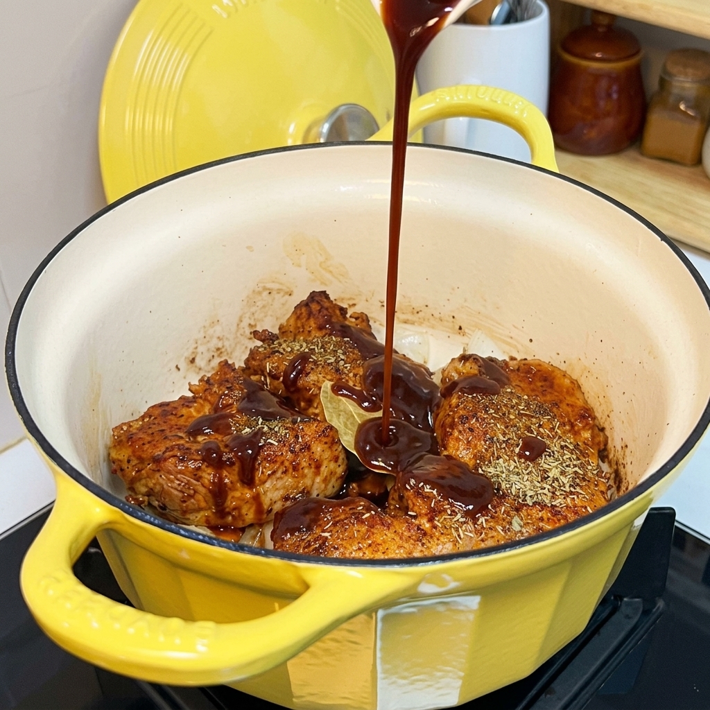 Dark barbecue sauce being poured from a bottle into a yellow pot over seared pork and onions.