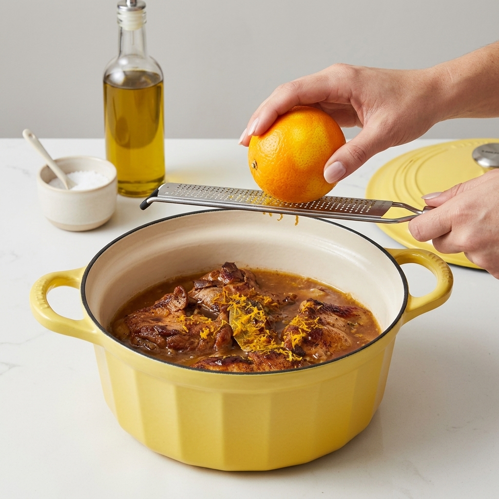 A person using a microplane to grate fresh orange zest directly over a simmering pot of pulled pork.