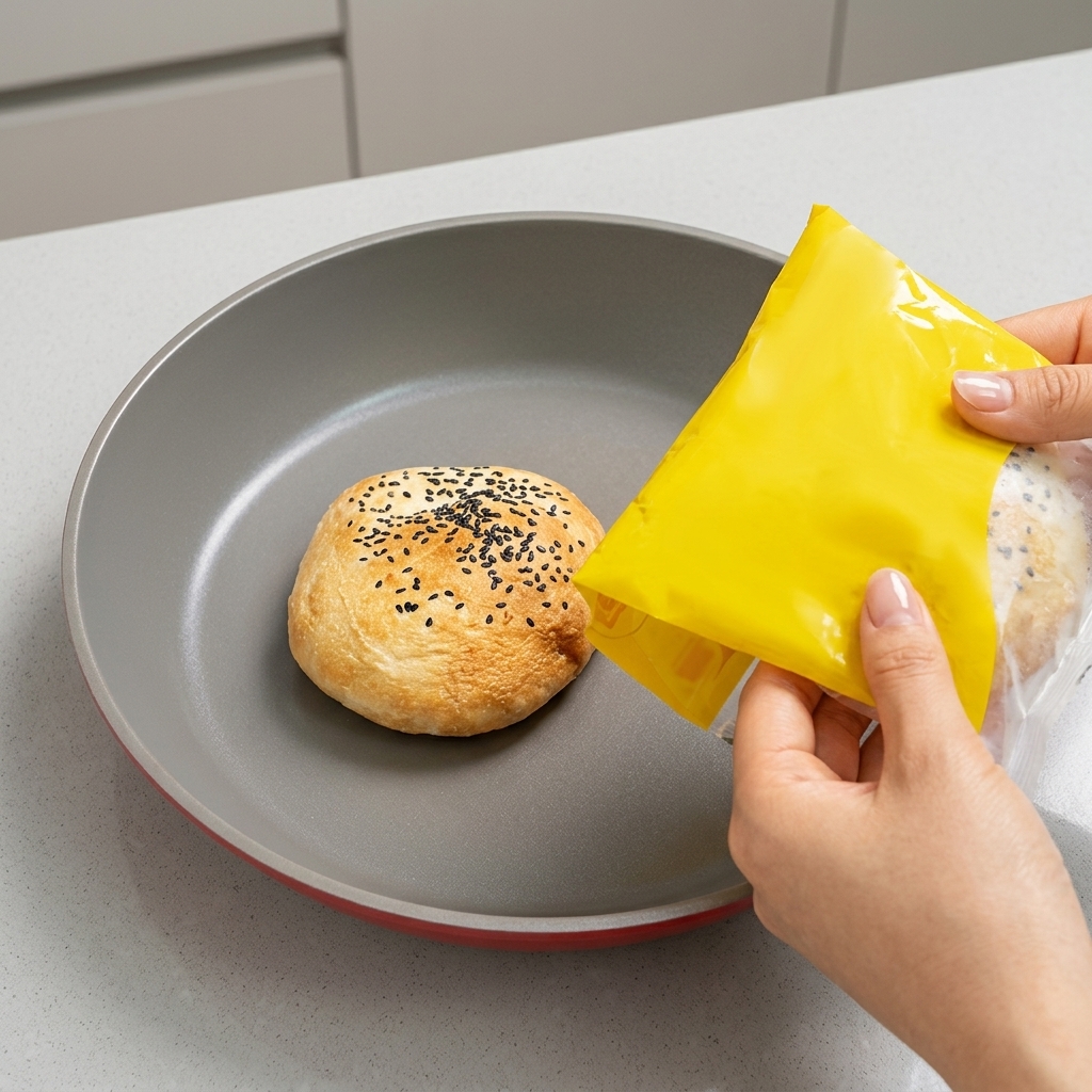 Three burger buns with black sesame seeds toasted in a non-stick pan until golden brown.