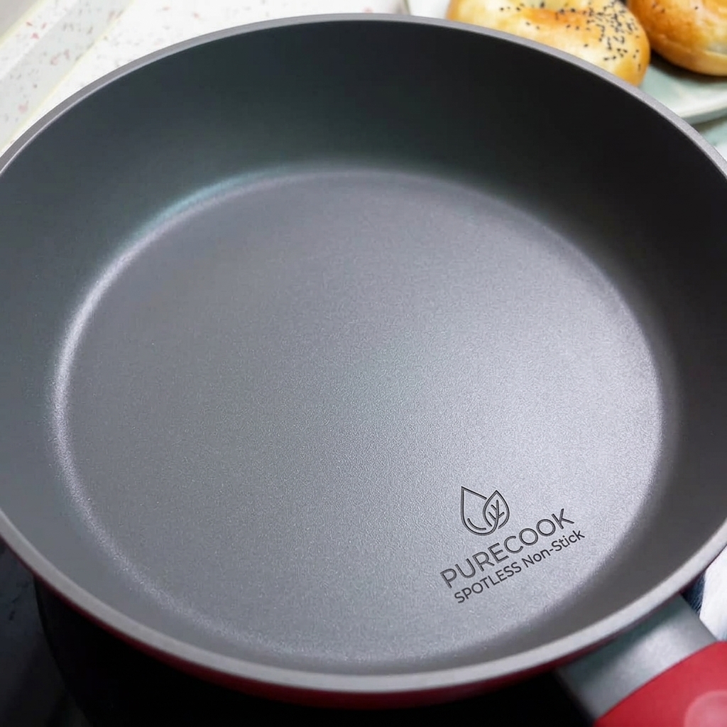 Slices of bacon frying in a PURECOOK non-stick pan.