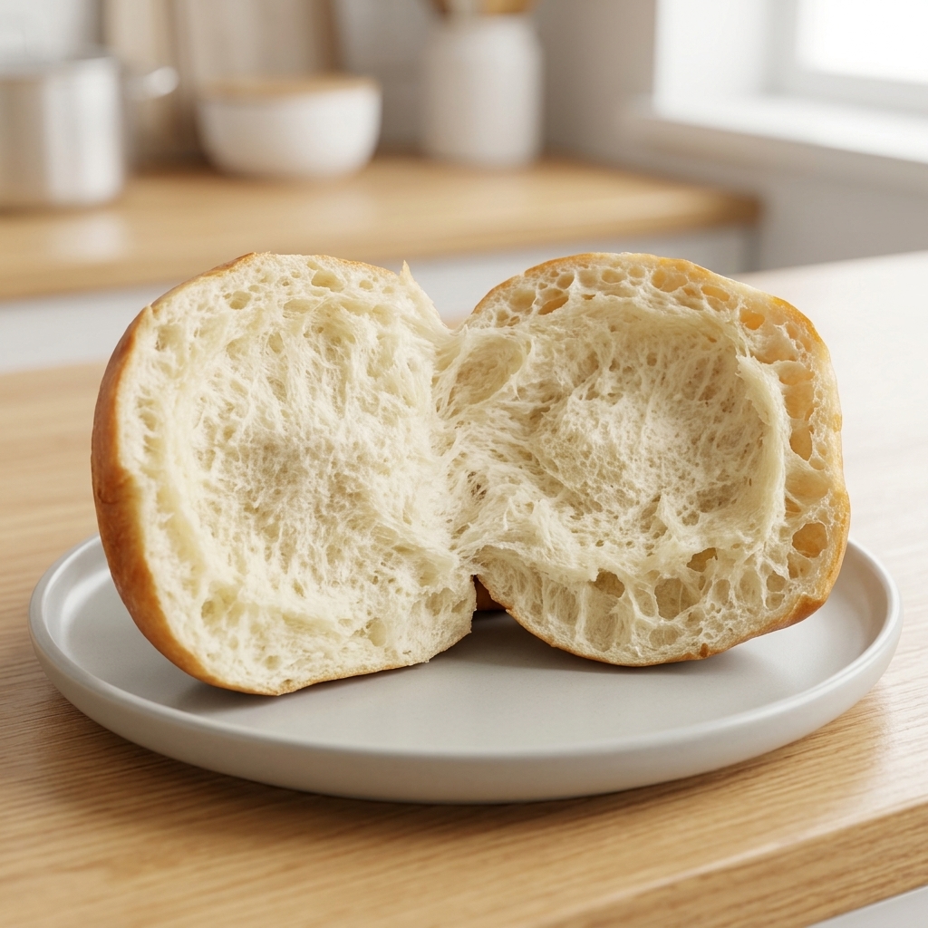 A close-up of the airy, toasted interior of a burger bun.
