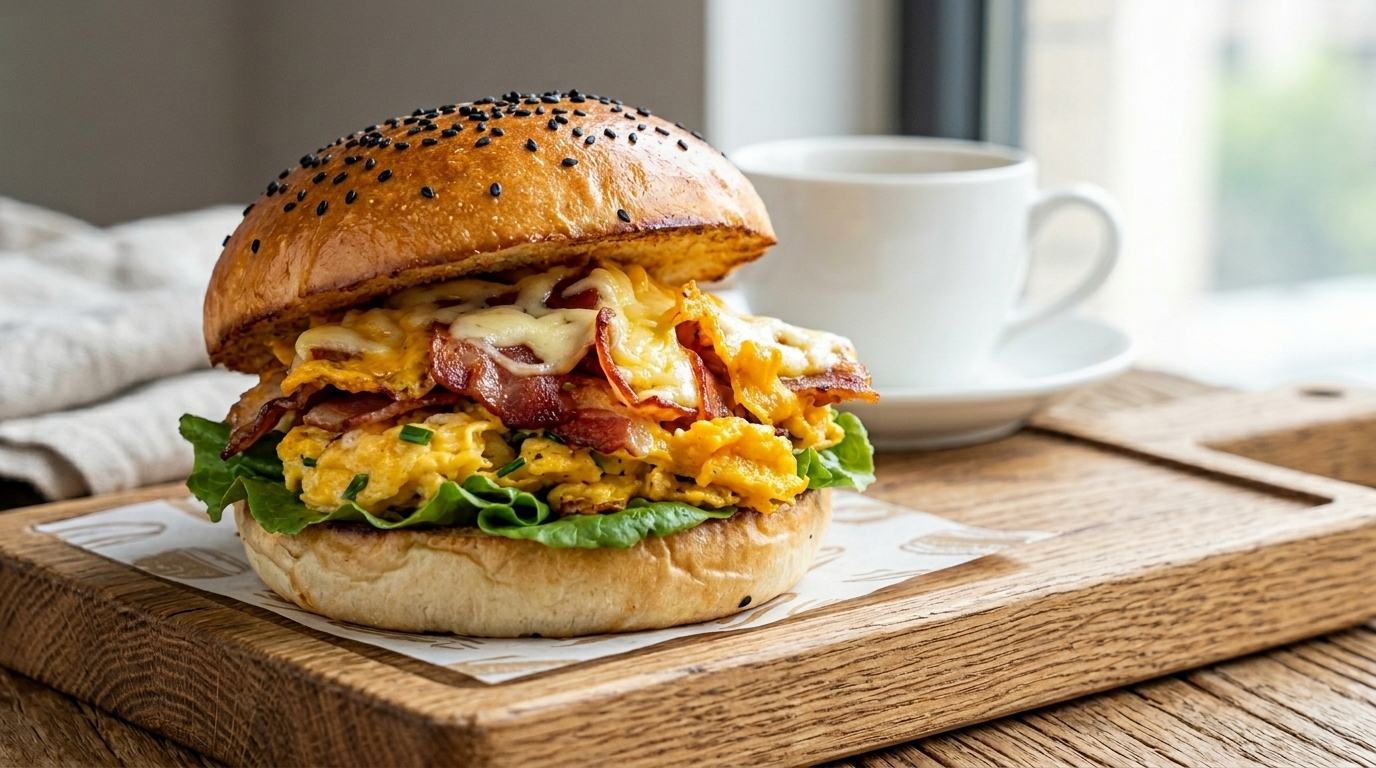 Quick Bacon and Scrambled Egg Breakfast Burger