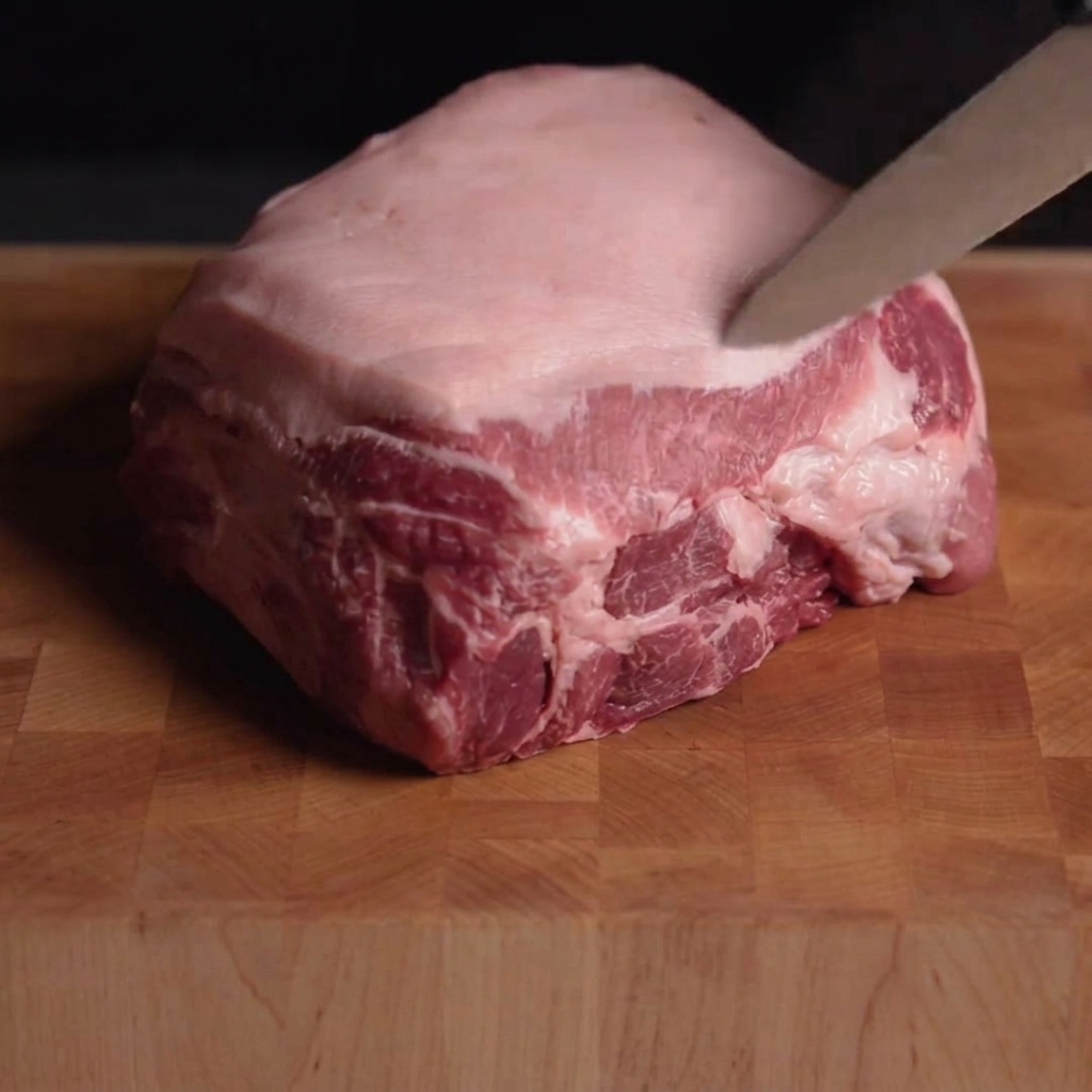 A sharp knife scoring the fat cap of a large piece of raw pork shoulder on a wooden cutting board.