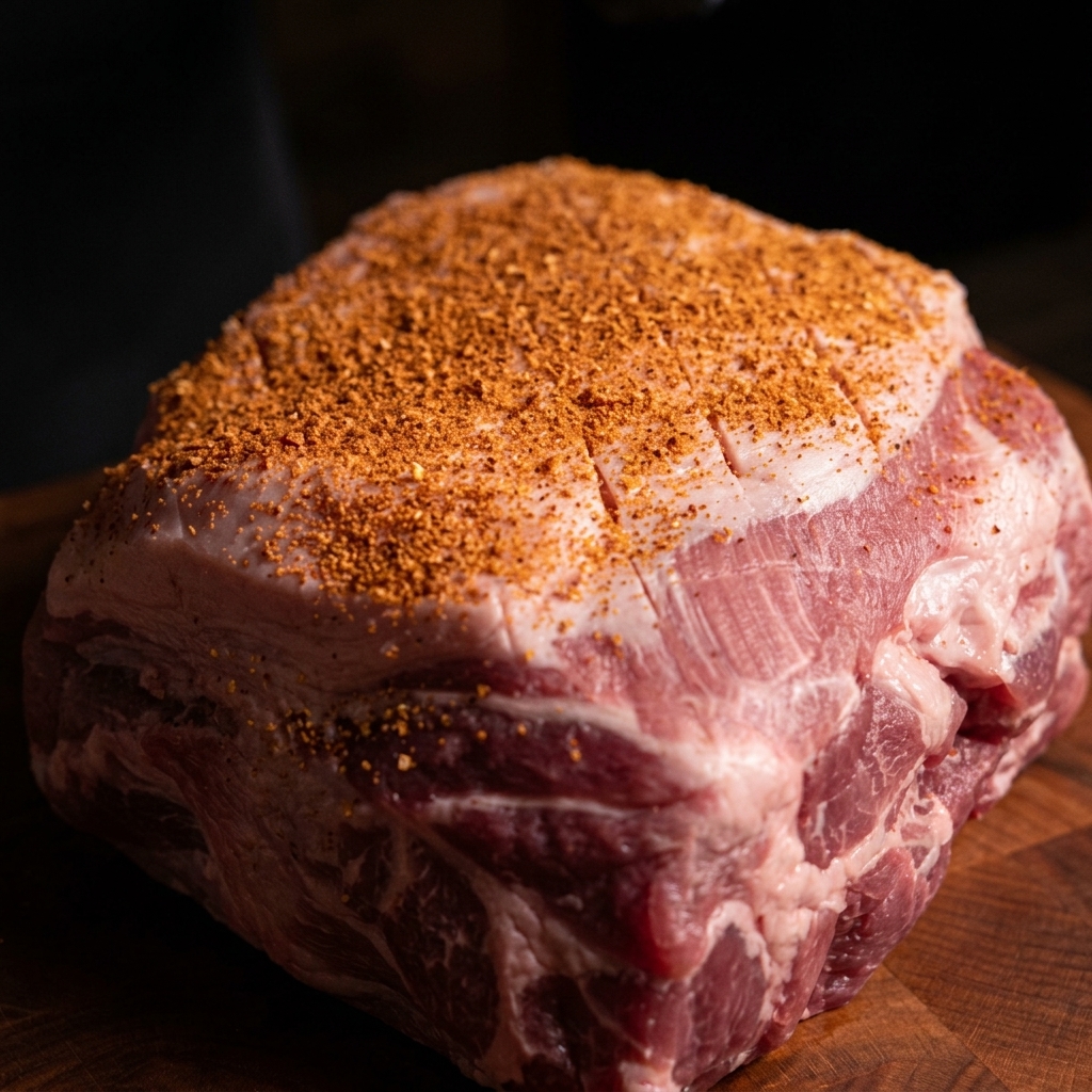 A raw pork shoulder sitting on a wooden cutting board, completely coated in a coarse, reddish-brown dry rub seasoning.