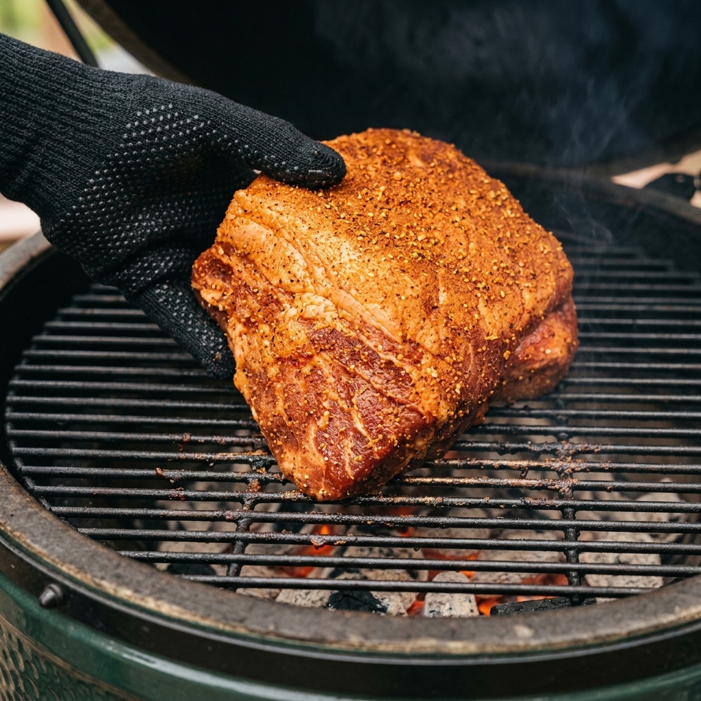 A person wearing a black heat-resistant glove placing a large, seasoned pork shoulder onto the grates of a charcoal smoker.