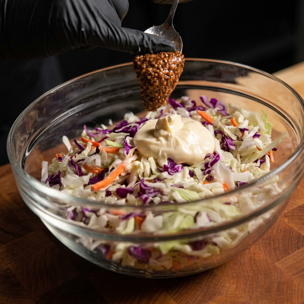 A spoonful of brown grainy seasoning and a dollop of creamy white mayonnaise being added to a glass bowl full of shredded green and purple cabbage.