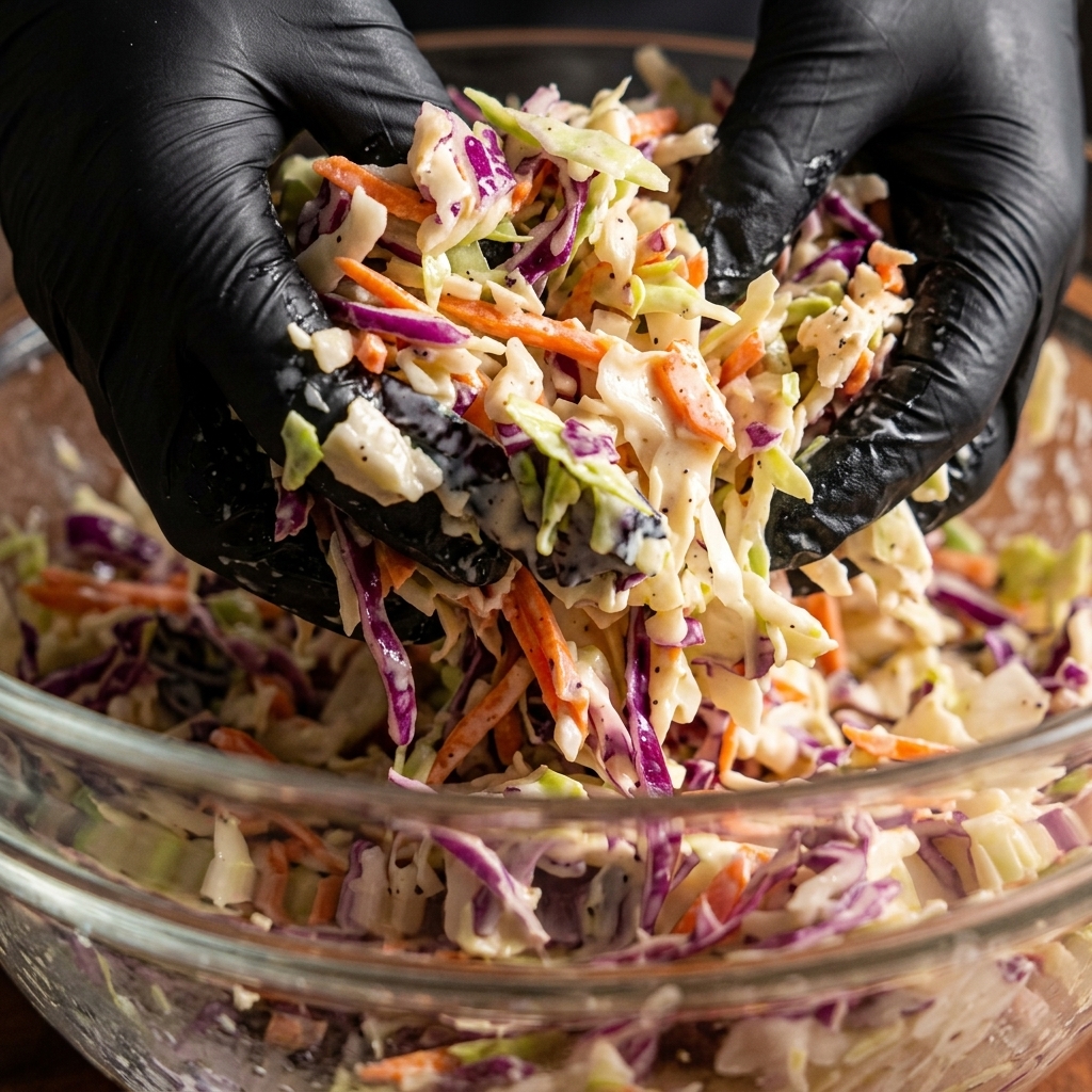 Two hands wearing black nitrile gloves tossing and mixing shredded cabbage and creamy dressing together in a large glass bowl.