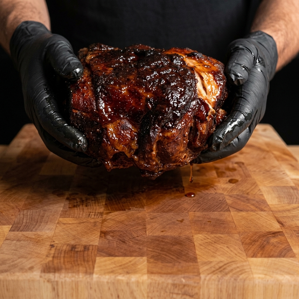 Gloved hands holding a deeply browned, fully smoked pork shoulder with a thick bark over a wooden cutting board.