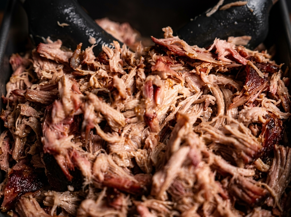 A close-up of a tray filled with freshly shredded, tender smoked pulled pork.