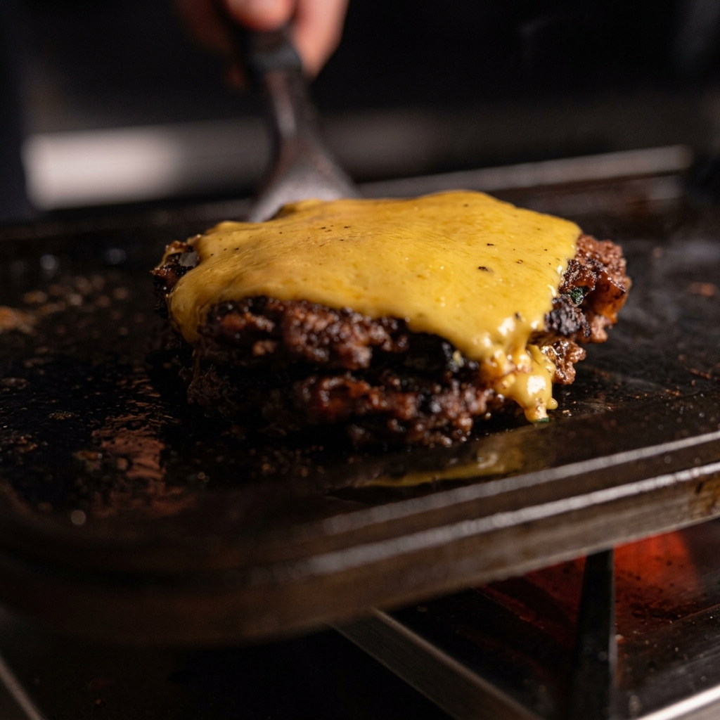 A beautifully melted slice of yellow cheese draping over a crispy, seared pulled pork patty on a hot griddle, being lifted by a metal spatula.