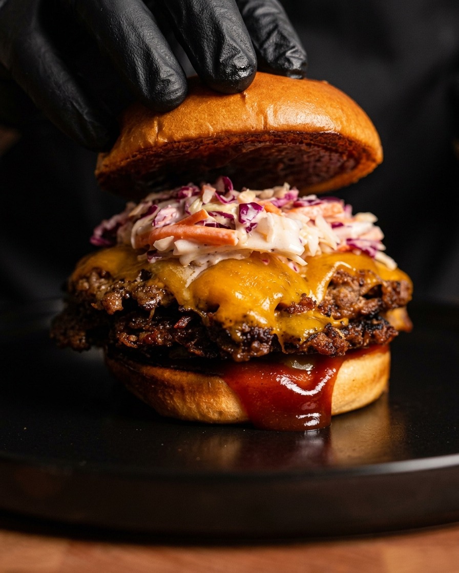 A gloved hand placing the top bun on a towering BBQ burger filled with crispy pulled pork patties, melted cheese, dripping sauce, and creamy coleslaw.