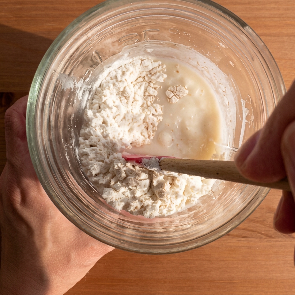 A close-up view of a sourdough starter being fed with flour in a glass jar, showing the texture of the mixture.