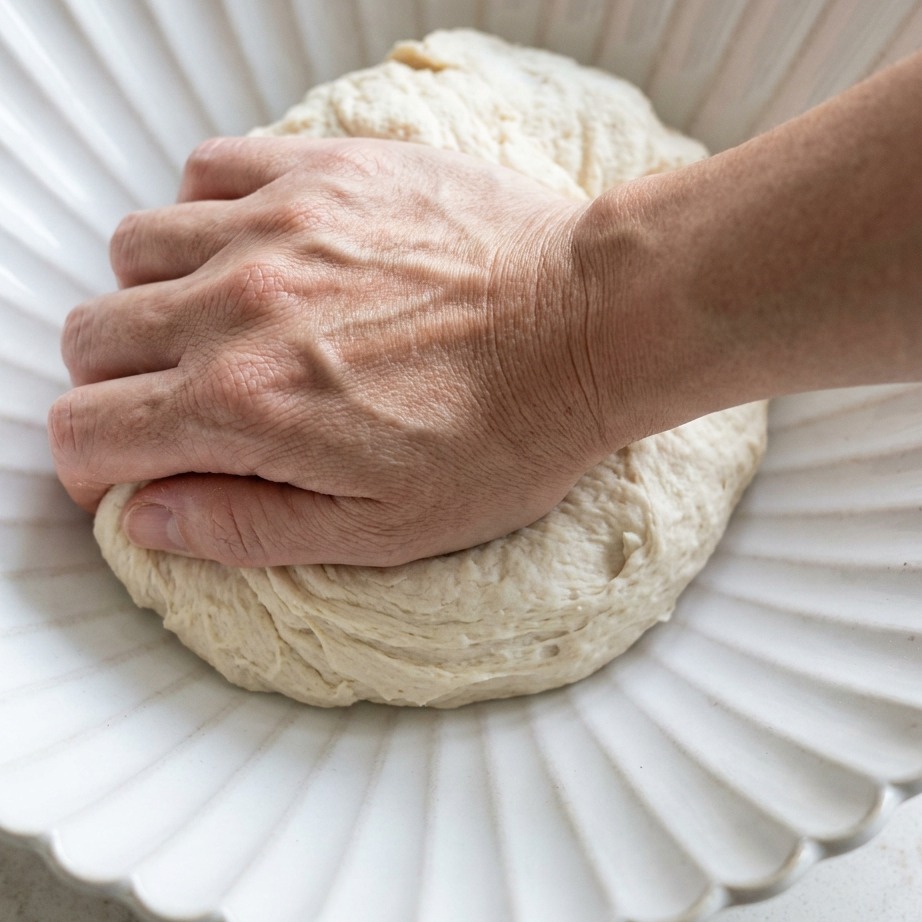 Hands performing the kneading motion on a shaggy ball of pizza dough inside a white ceramic bowl.
