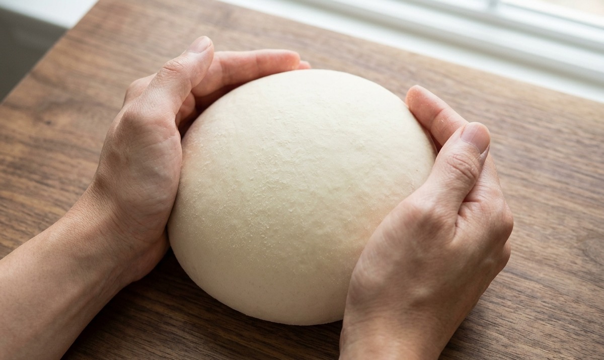 A dough scraper dividing a large, smooth ball of pizza dough on a wooden work surface.
