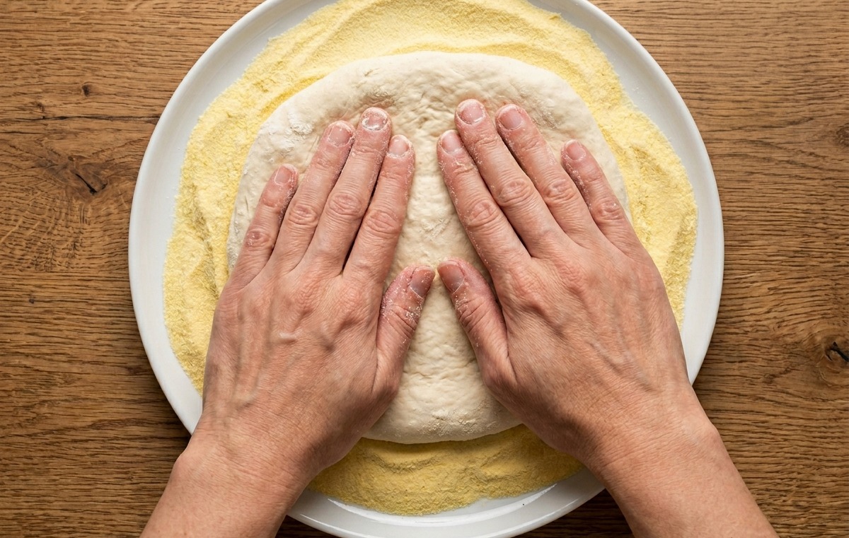 A pair of hands pressing into a dough ball on a bed of semolina to stretch it into a pizza shape.