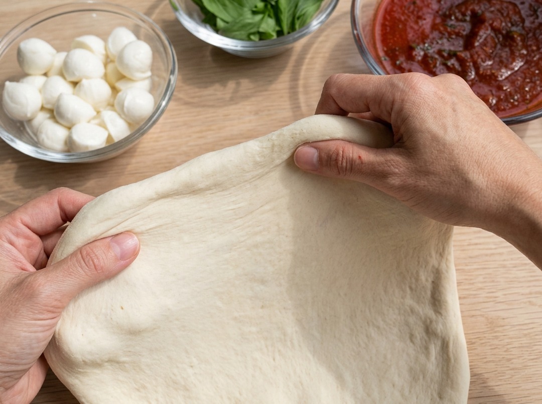 A ladle spreading rich red tomato sauce onto a stretched pizza dough base.