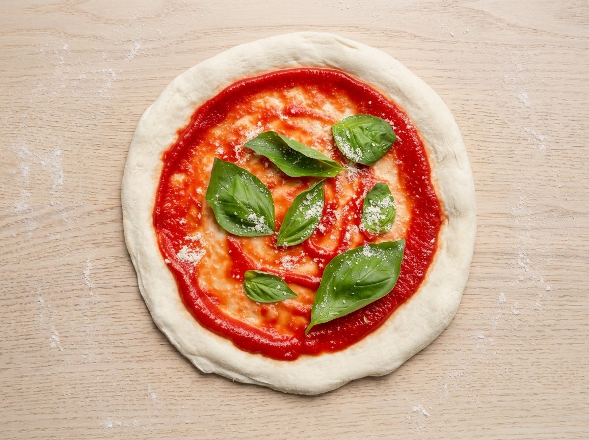 A pizza base topped with vibrant green basil leaves and chunks of white mozzarella cheese.