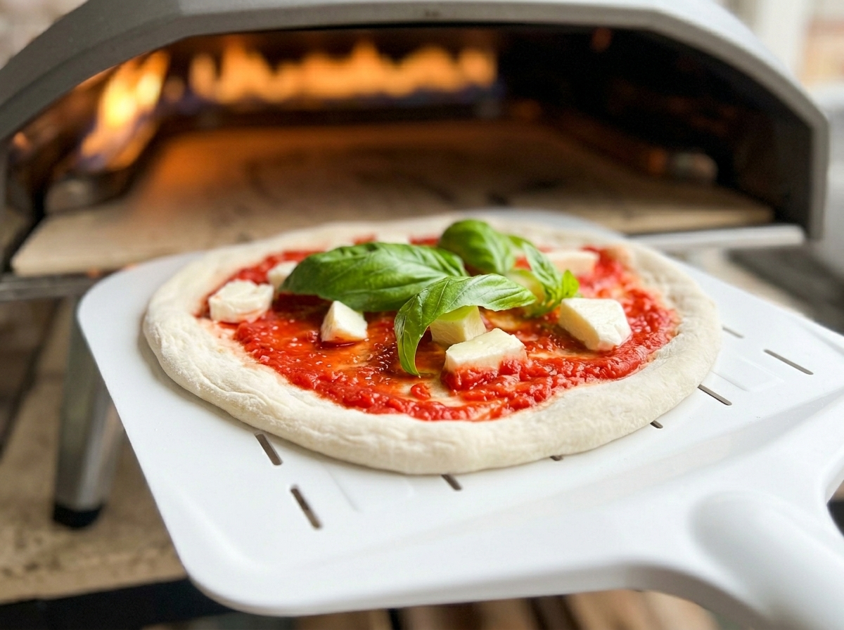 A fully assembled pizza being slid from a white peel into a hot, flaming outdoor pizza oven.