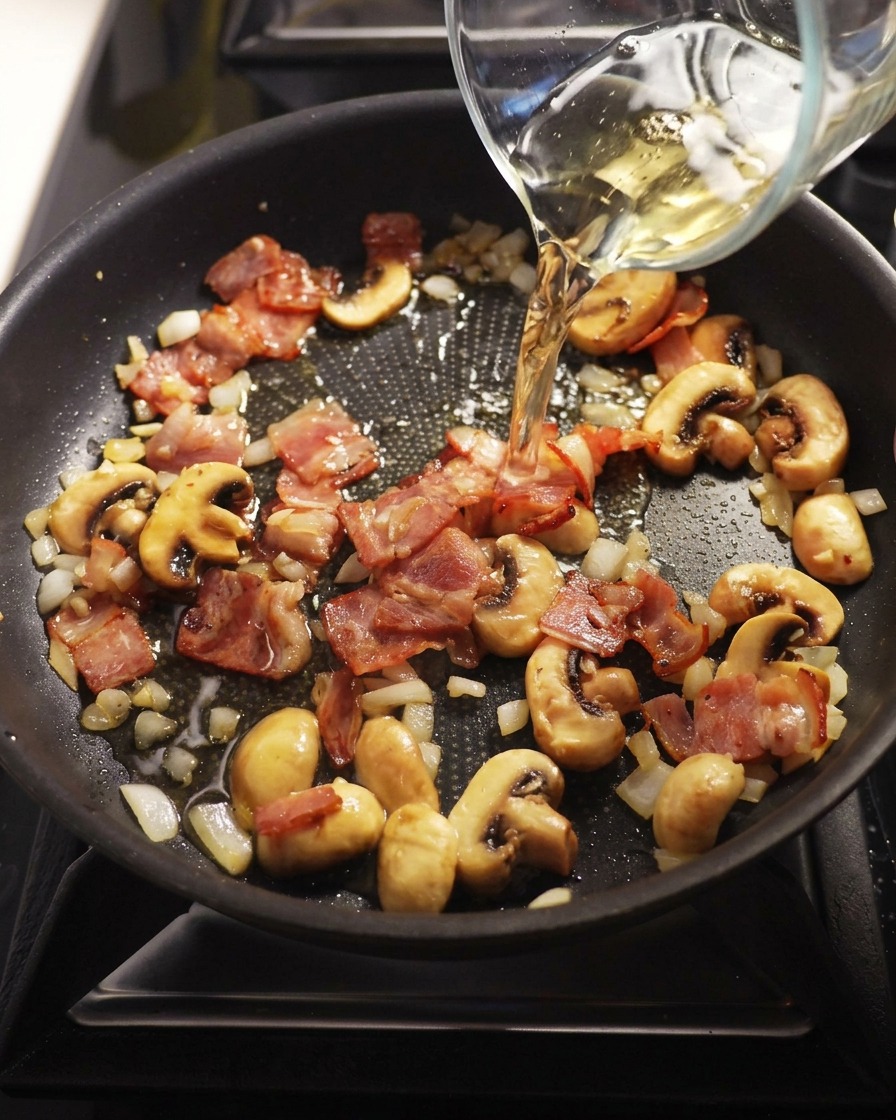 White wine being poured from a glass into a hot pan with bacon and mushroom mixture.