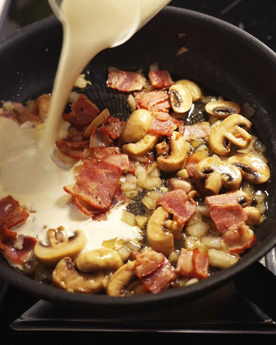 Heavy cream being poured into the pan with the sautéed bacon and mushrooms.