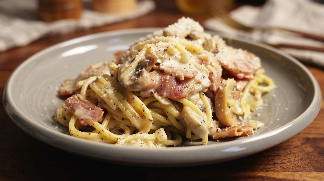 Black Truffle Cream Pasta with Bacon and Mushrooms