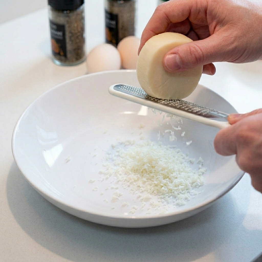 A bowl containing a creamy mixture of egg yolks, black truffle sauce, and freshly grated Parmesan cheese.