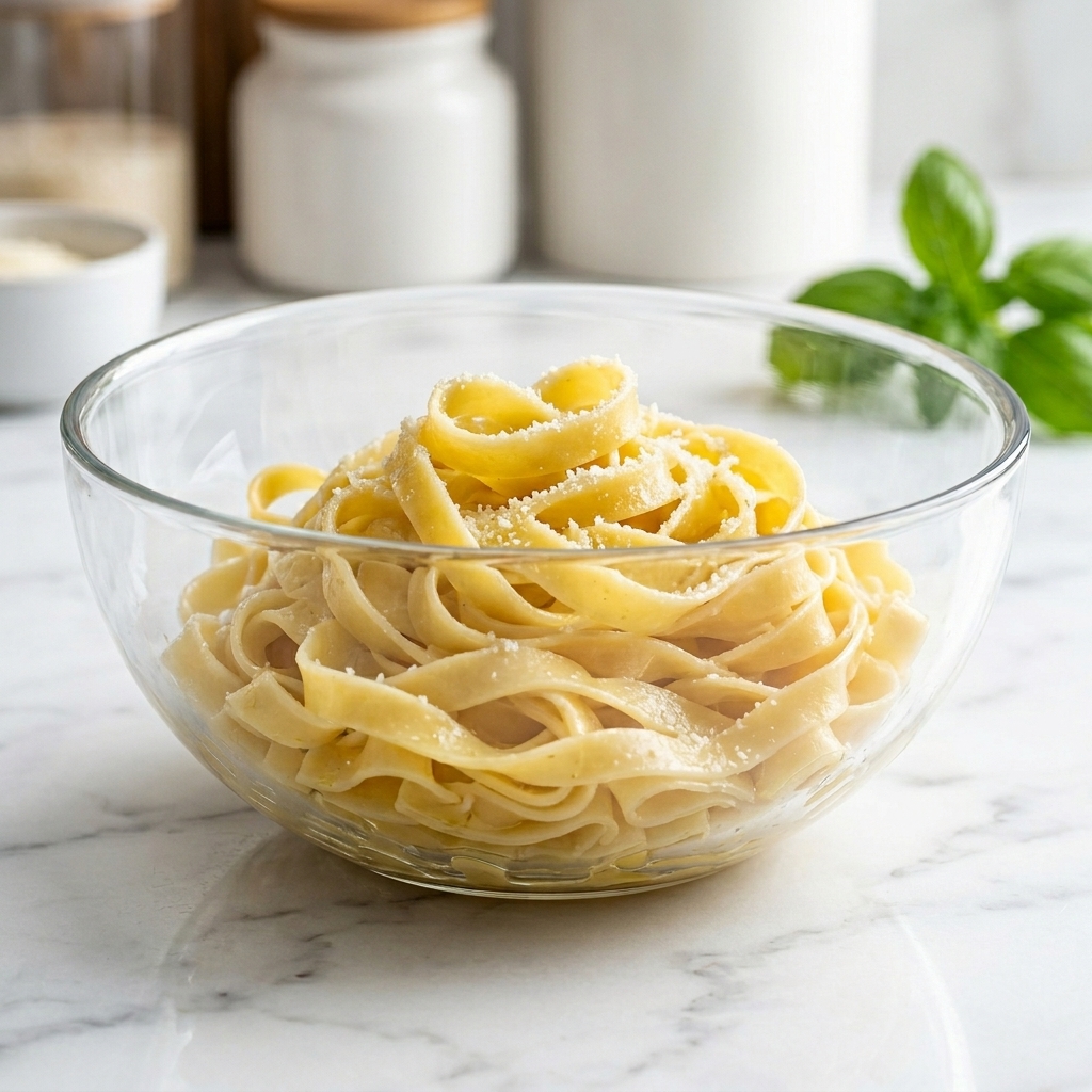 Cooked wide pasta ribbons being tossed with olive oil in a bowl.