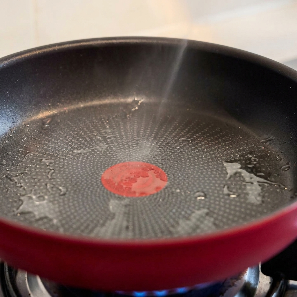 Bacon pieces sizzling and browning in a non-stick pan.