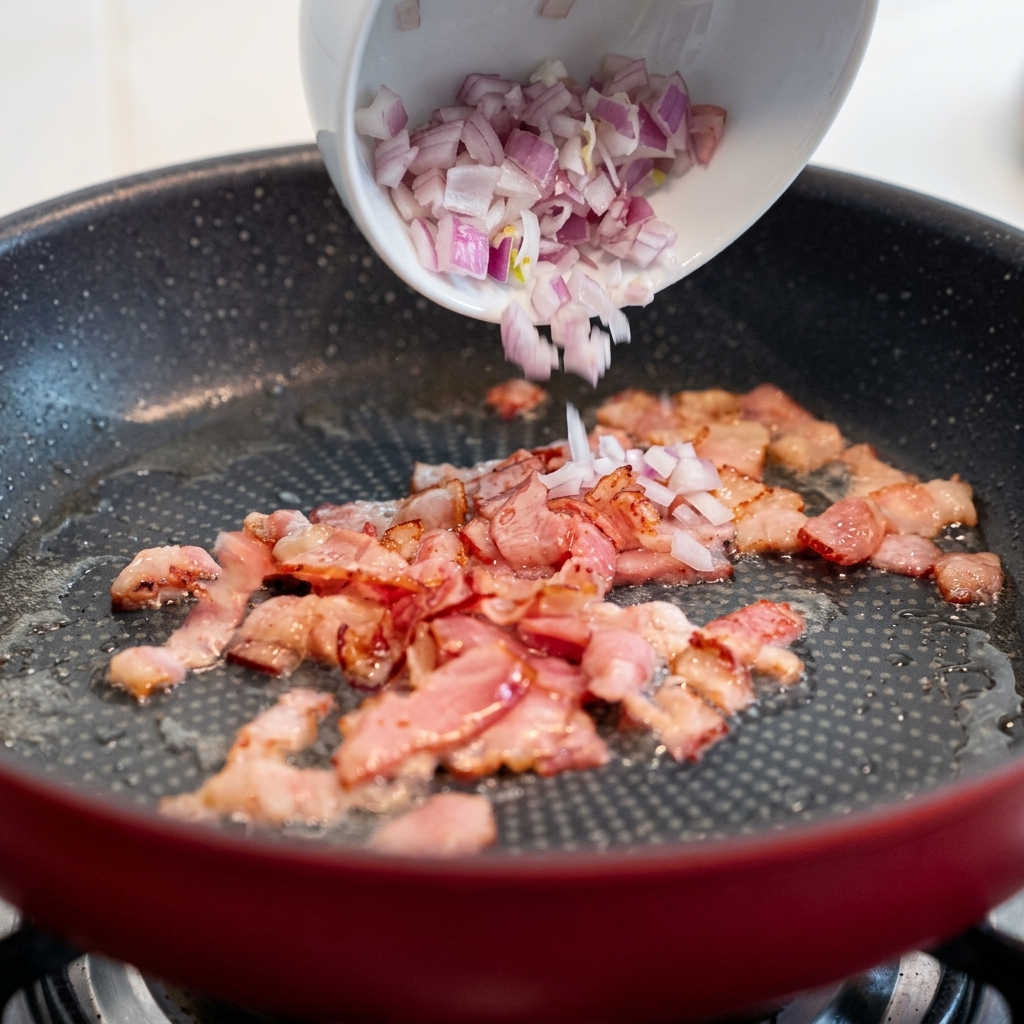 A mix of mushrooms, onions, and bacon stir-frying together in a pan.