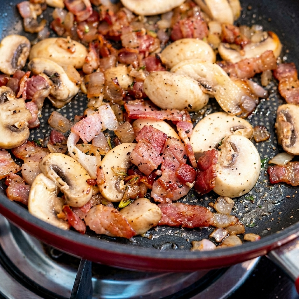 Pasta being tossed with bacon, mushrooms, and onions in a creamy truffle sauce.