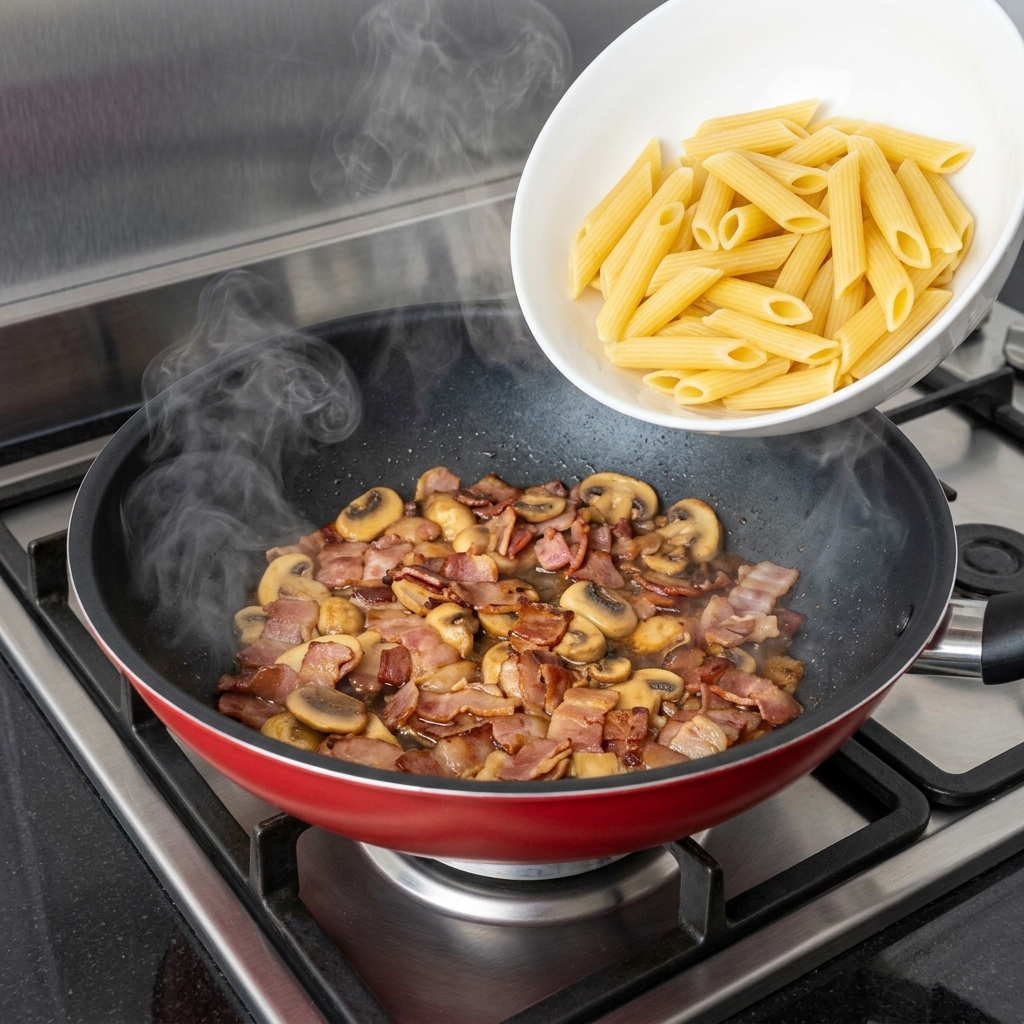 Cooked penne pasta being added to the skillet with bacon and mushrooms, ready to be tossed.