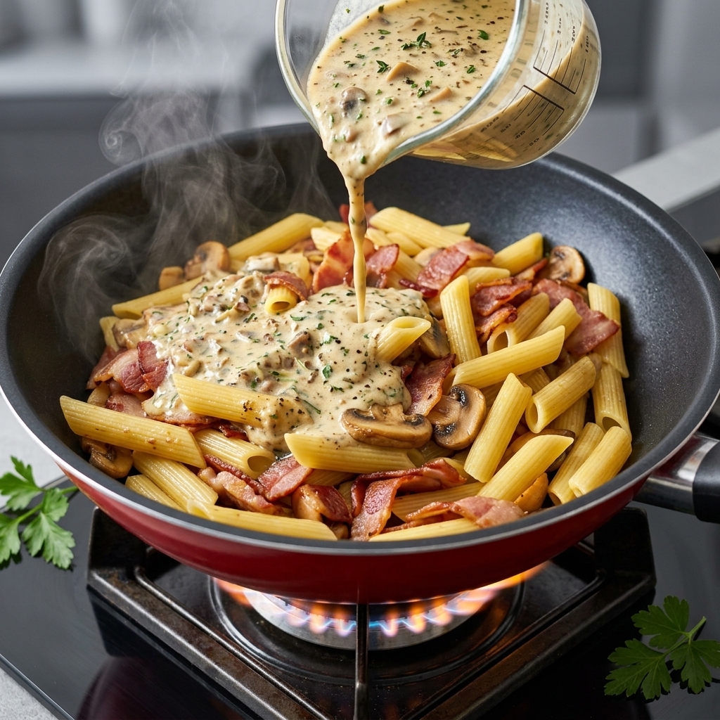 A creamy, glossy sauce coating the pasta strands in a skillet, with visible specks of black truffle.