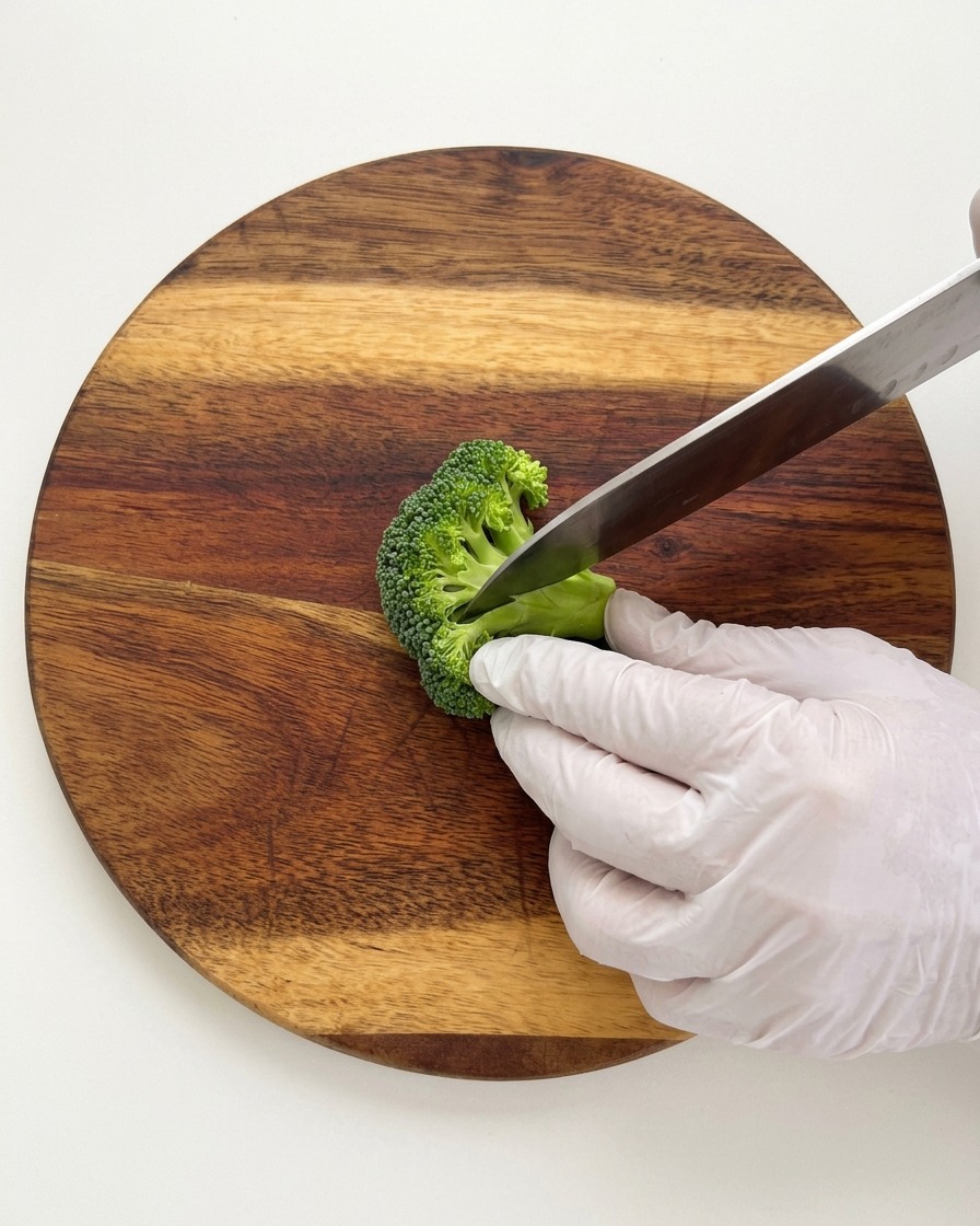 Gloved hands holding a head of green broccoli while slicing it into smaller florets with a large knife on a round wooden board.