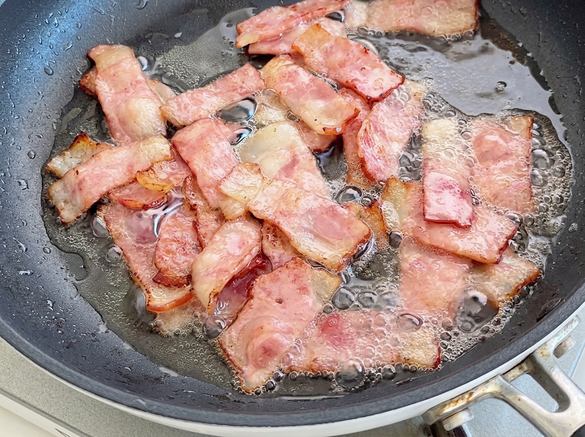 Red onion pieces being stirred into a pan with browned, crispy bacon bits.
