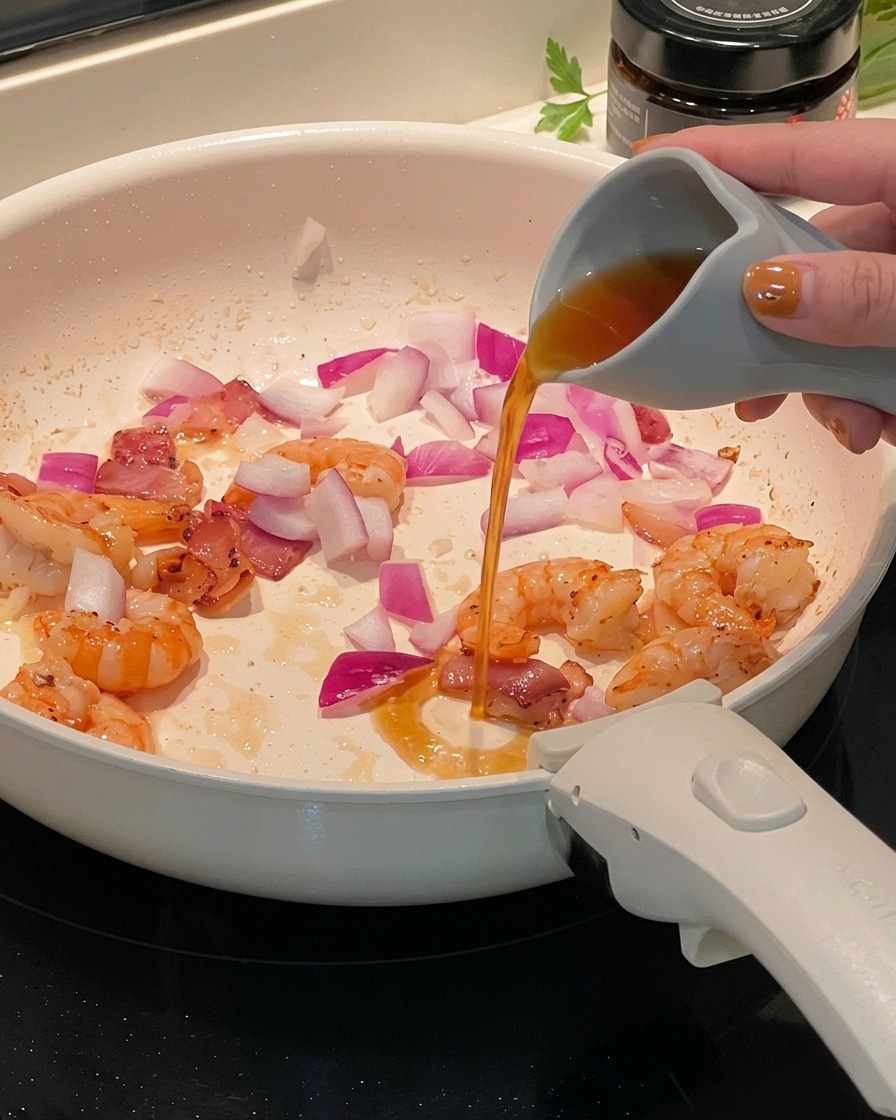 Diced onions being mixed into the pan with shrimp and bacon pieces.