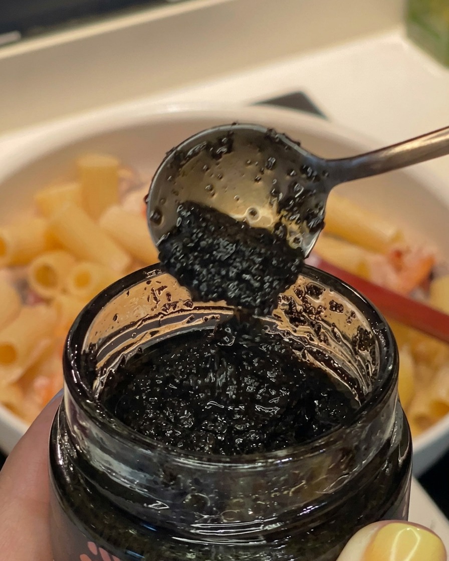 A spoonful of dark black truffle sauce being added into the pan of creamy pasta.