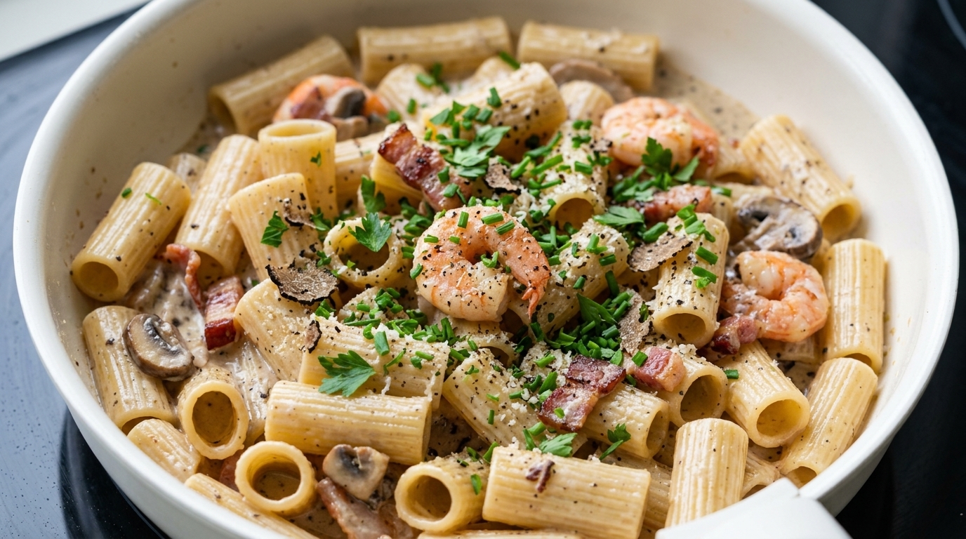 Creamy Black Truffle Bacon Pasta with Shrimp