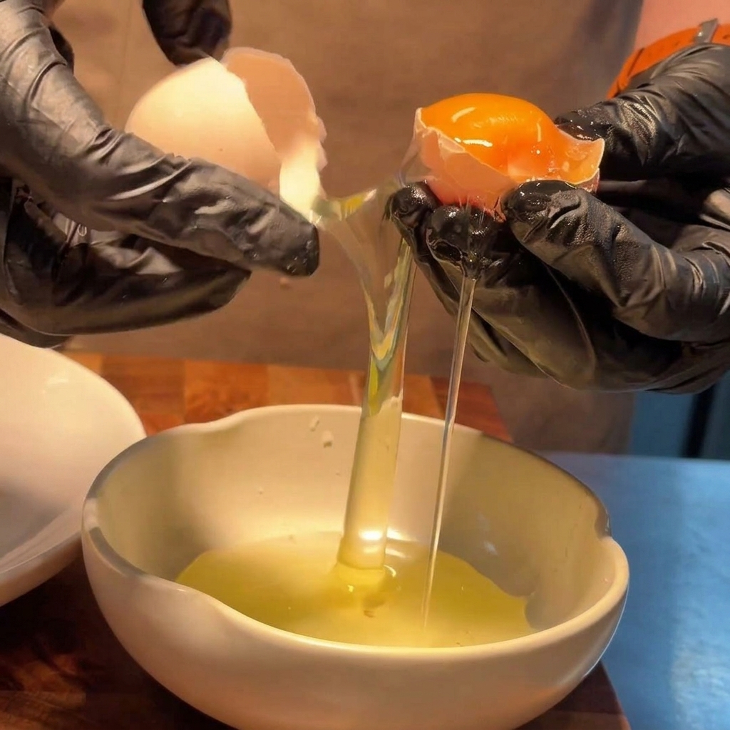 Gloved hands separating a raw egg yolk from its shell into a small bowl.