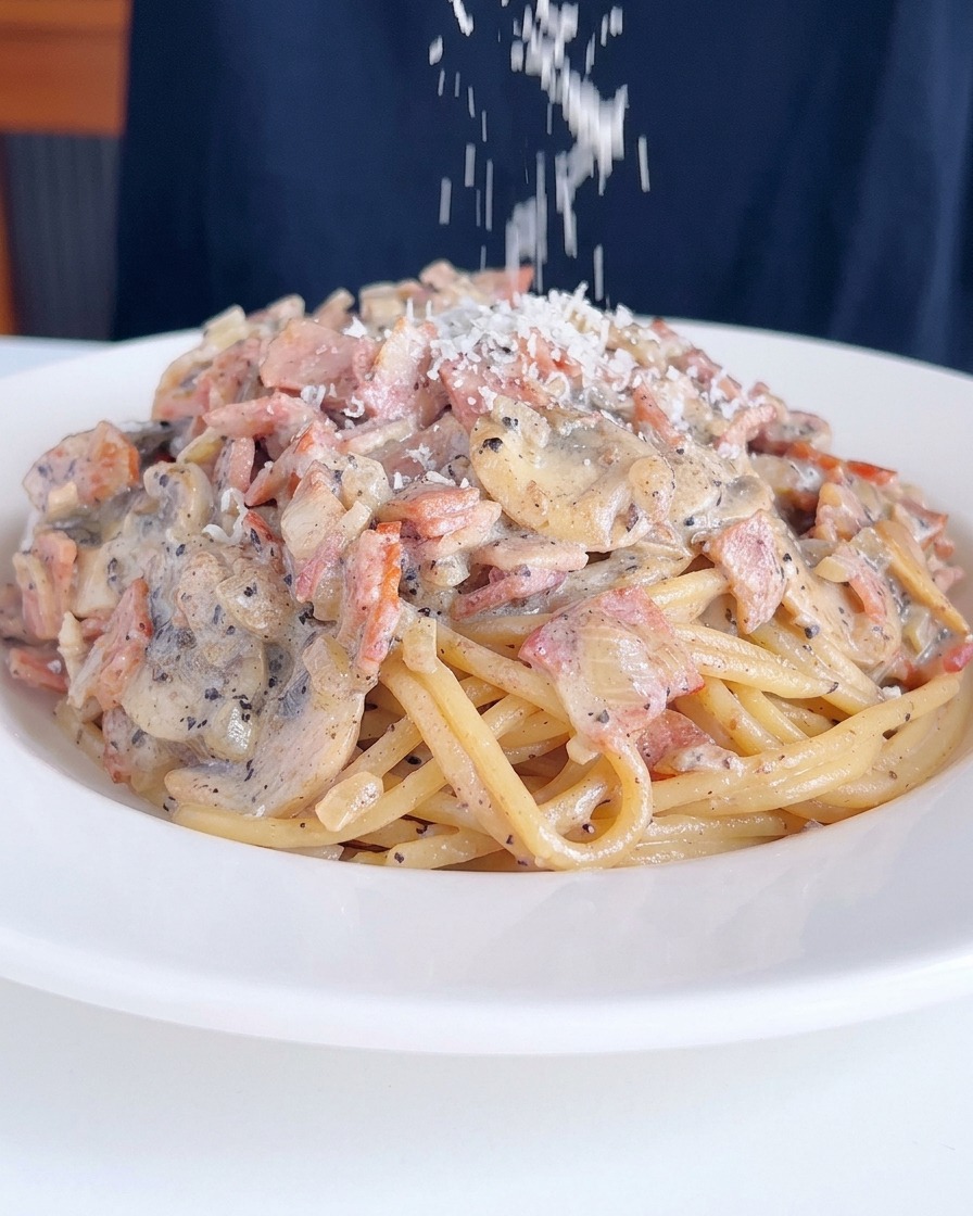 A close-up view of a bowl of creamy pasta with bacon and mushrooms, being garnished with freshly grated parmesan cheese.