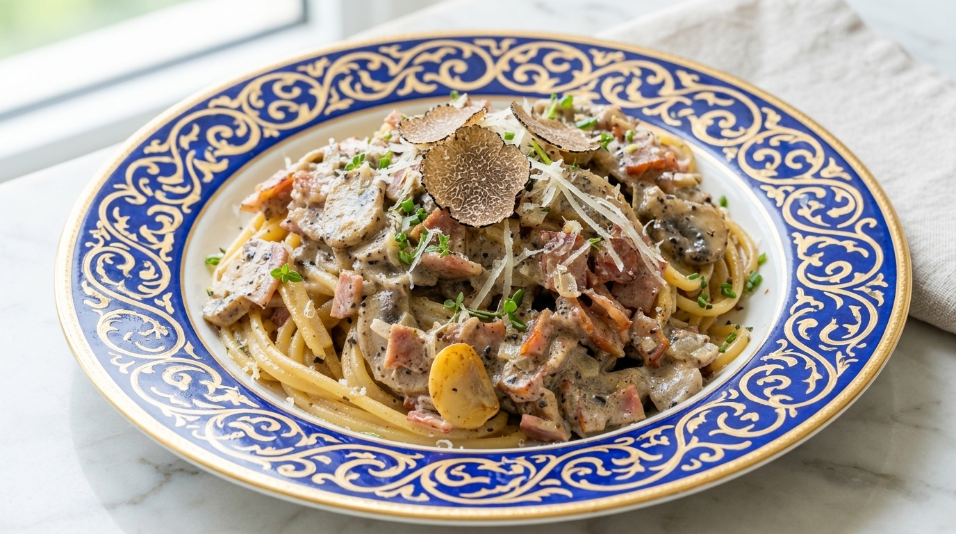 Black Truffle Cream Pasta with Bacon and Mushrooms