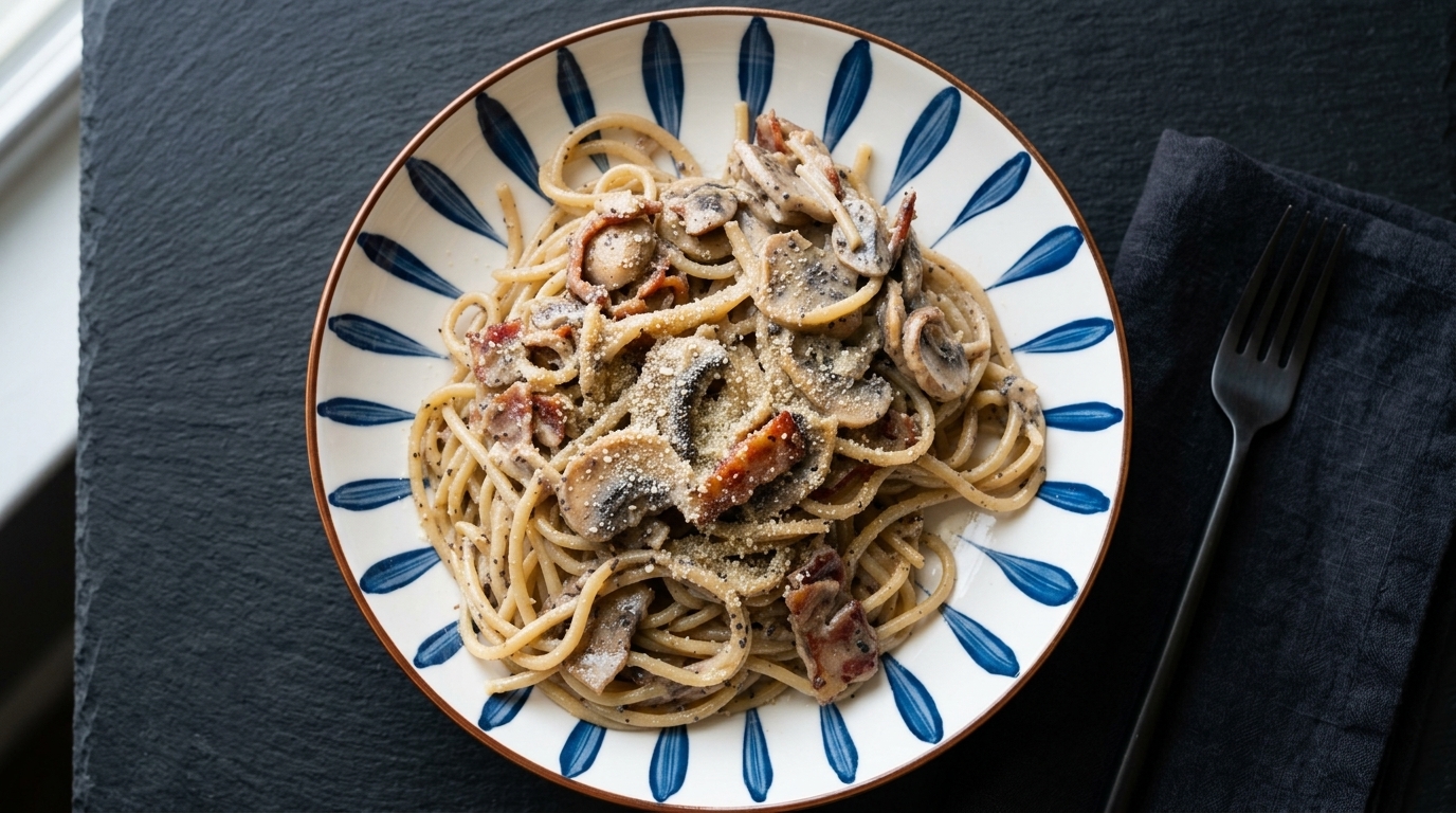 Creamy Black Truffle Bacon and Mushroom Pasta