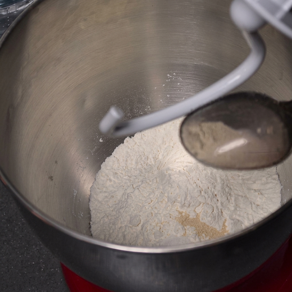 A measuring spoon adding dry yeast into a stand mixer bowl filled with flour.